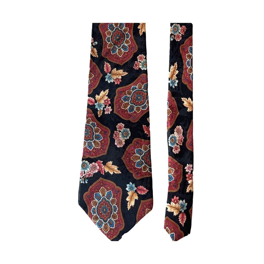 Vintage 80s L'Atelier Tie Silk Necktie Black Red Geometric Colorful 58 inch Tie